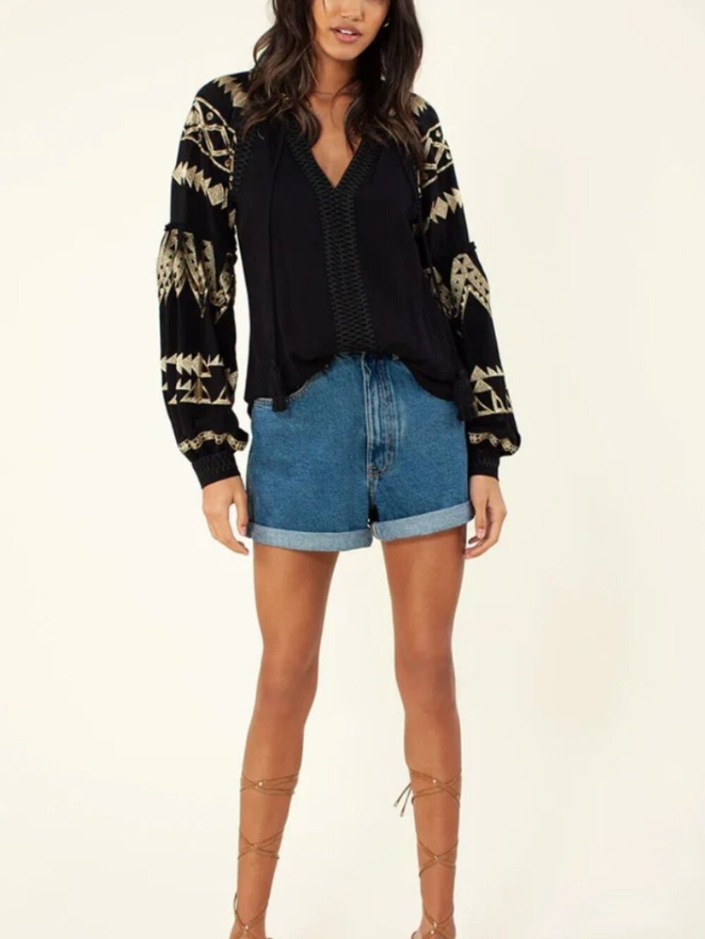 Hale Bob Black Gold Embroidered Boho Blouse S